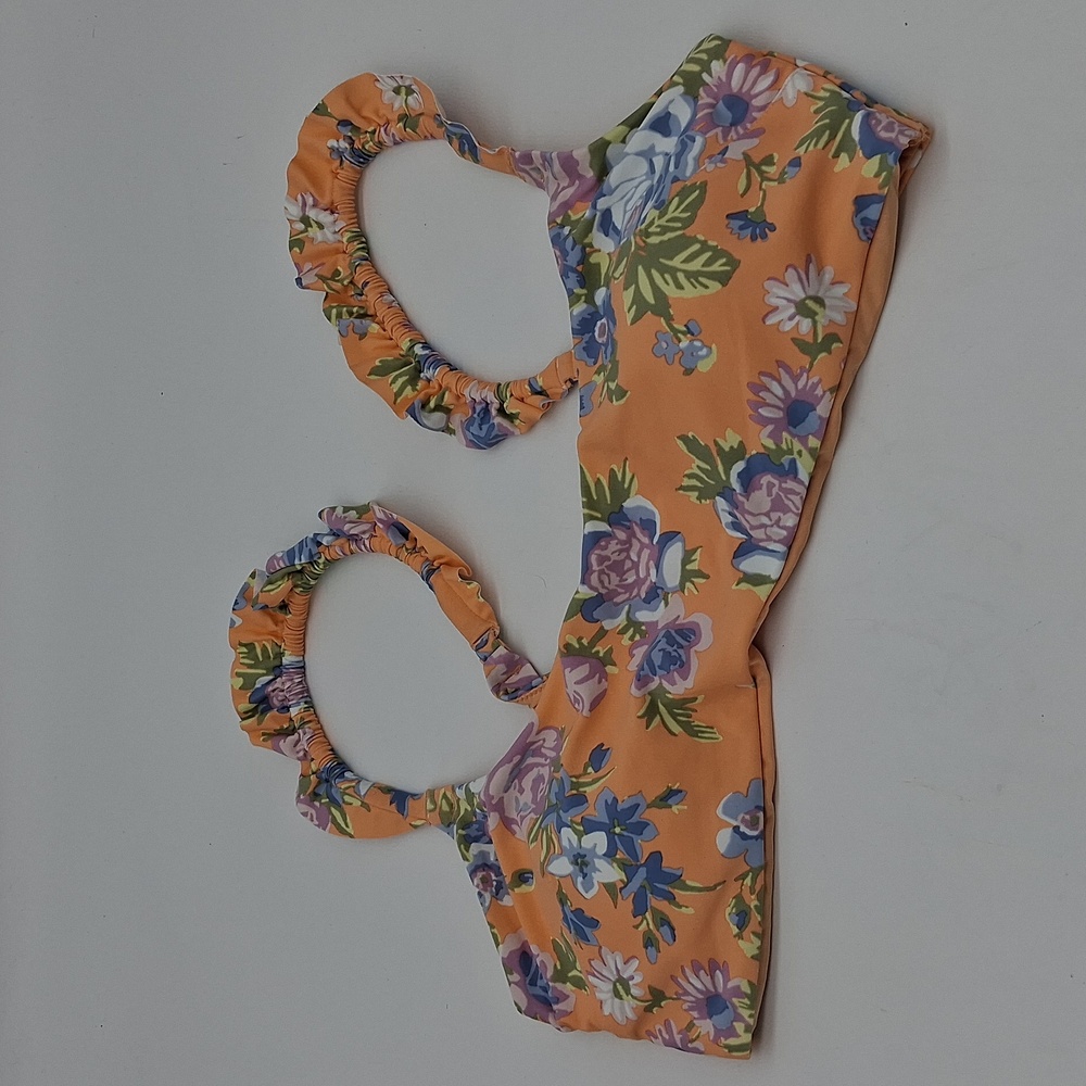 Aerie Floral Print Ruffle Strap Scoop Bikini Top Orange XL